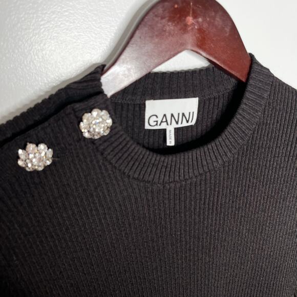 Ganni Long Sleeve Ribbed Sweater Womens Medium Black Crystal Button Shoulder - Picture 5 of 10